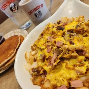 a plate of breakfast food and a cup of coffee