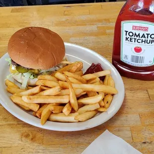 Hamburger and fries.