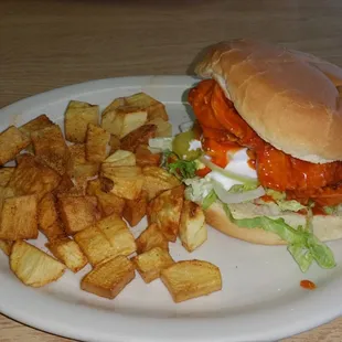Buffalo chicken sandwich and home fries