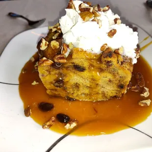 Bread Pudding smothered in warm caramel and chopped nuts - Garmisch USA Lake Nemakagon - Cable WI