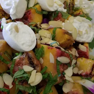 Grilled Peach &amp; Buratta Salad with Basil, Almond, &amp; Lemon Dijon Vinaigrette