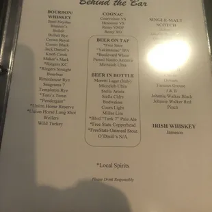 Drink menu at bar