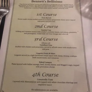 Menu for 4 course meal