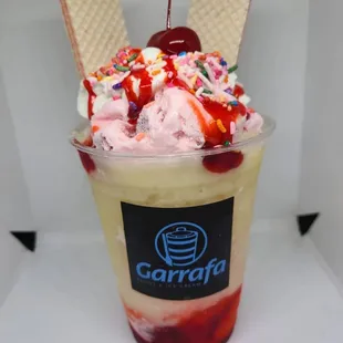 an ice cream sundae with a cherry on top