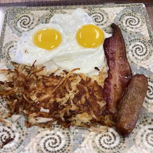 bacon, hash browns, and eggs