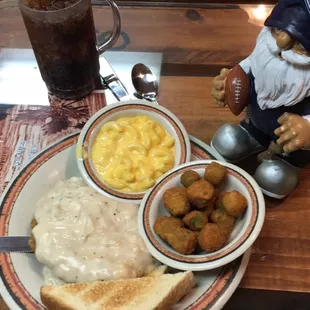 Country fried steak, Mac n cheese, and fried okra