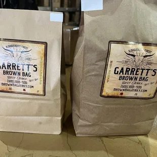 two bags of garrett&apos;s brown bag beef jerky