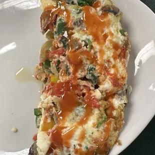 Egg white veggie omelette with Frank's hot sauce