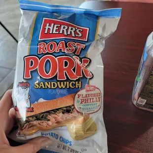 a person holding a bag of pork sandwich