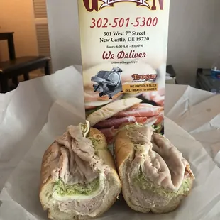 Turkey and Cheese sub with lettuce, lite onion, salt and pepper.