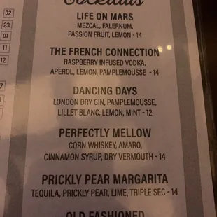 Cocktail menu