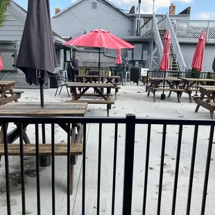 tables and umbrellas on a patio
