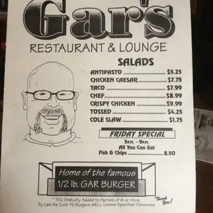 Front cover of menu