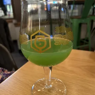 Some very vibrant beer on tap in their gorgeous glasses.