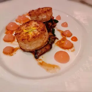 Tofu "Scallops" with Soy Ginger Glaze, Red Pepper Purée, Stir-fry Shiitake Mushrooms and Bok Choy.