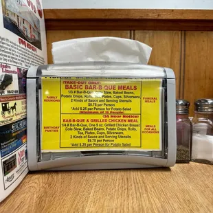 Family Meal Menu on the napkin holder.