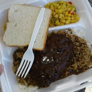Hamburger steak w/ rice and corn