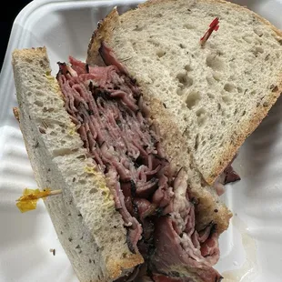 Excellent tender, juicy &amp; delicious Pastrami sandwich (large double meat) on rye $20. highly recommended!