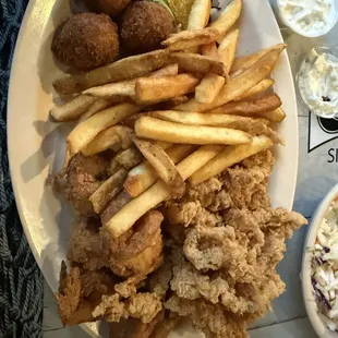 Clams, shrimp, fries &amp; hush puppies