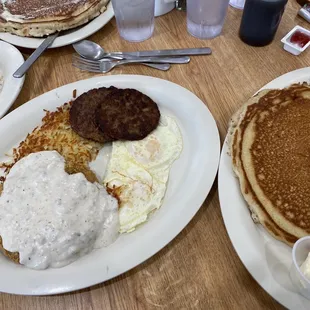 Chicken fried steak, hashbrowns, eggs, sausage, pancake, biscuits and gravy
