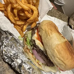 The working man classic burger with curly fries- YUM