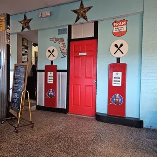  a red door and a blue wall
