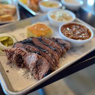 BBQ brisket with a side of mac n beans