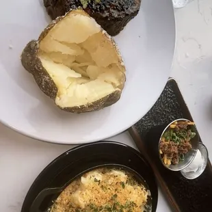 Filet steak, baked potato, Mac and cheese