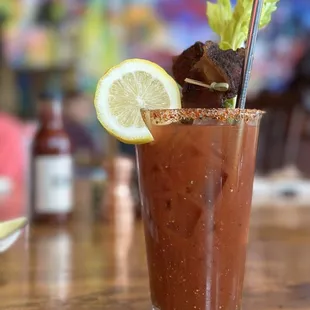 A spicy Bloody Mary with bacon!