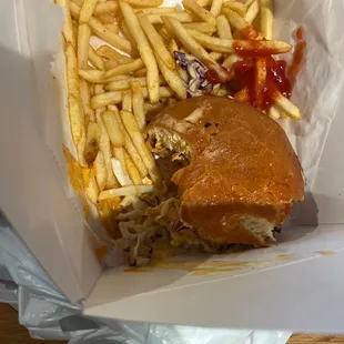 Fries are overly salty and the chicken burger is about 90% bread and sauce and 10% chicken patty.