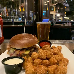 Bacon cheese burger and tots