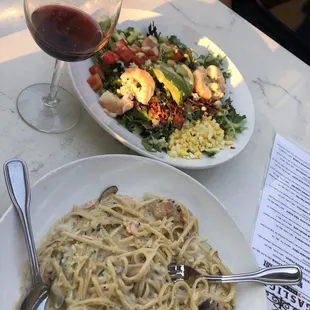 Shrimp avocado Cobb and salmon linguine
