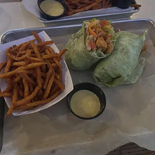 Buffalo chicken salad as a wrap and Sweet Potato Fries