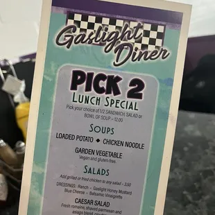 Pick 2 includes salads, soups and sandwiches