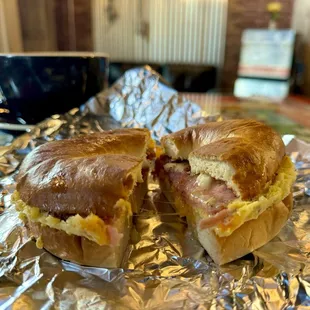 Ham egg and cheese bagel sandwich