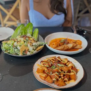 Papas Bravas, Cesar salad and shrimp appetizer