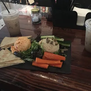 Awesome hummus &amp; pimento plate, and two iced lattes for $16