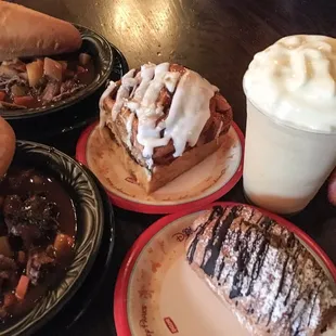Beef stew // cinnamon roll // chocolate croissant // LeFou's Brew
