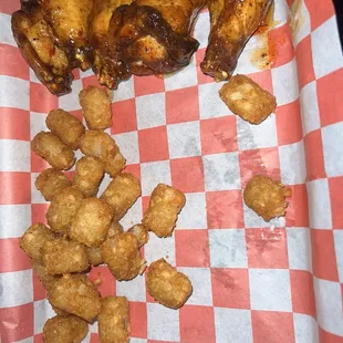 Honey Bourbon wings with tater tots