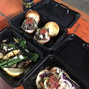 Bleu cheese sliders, drunken spicy shrimp tacos and broccolini and portobello tacos - all scrumptious