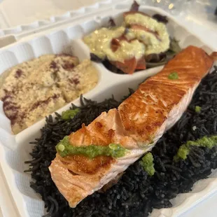 Salmon Plate : salmon with squid ink rice, hummus, and salad