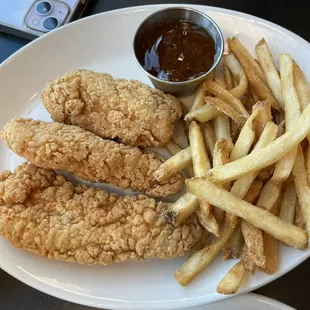 Chicken fingers, they were just as sad as the picture shows.  The fries might have been good if they weren&apos;t cold.