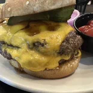 Double cheese smashburger with bourbon sauce and avocado
