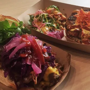 Pork sandwich &amp; "Thai" turkey burger. Make sure to add the pickled onions!