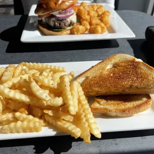 Kids grilled cheese and lamb burger with tator tots