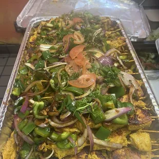 Chicken kebabs with grilled vegetables