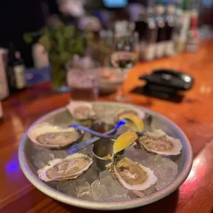 a plate of oysters on ice