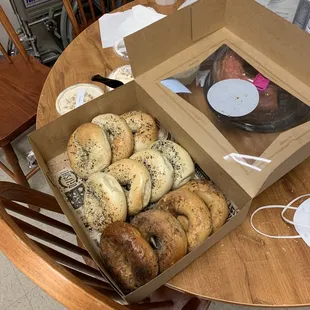 Box of assorted bagels.