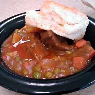 Beef Pot Pie which is really beef stew w/ a lot of peas with a biscuit on top.