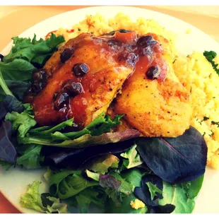 Moroccan spiced ling cod with couscous and greens